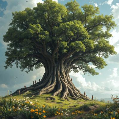 The primary subject of the image is a large tree with a massive trunk, surrounded by a lush green field. The tree is situated in the middle of the field, and it appears to be the focal point of the scene. The setting is a grassy area with a few birds flying in the sky, adding to the natural atmosphere. The visual style of the image is a combination of photo and digital art, creating a realistic yet artistic representation of the scene. The colors and mood of the image are predominantly green